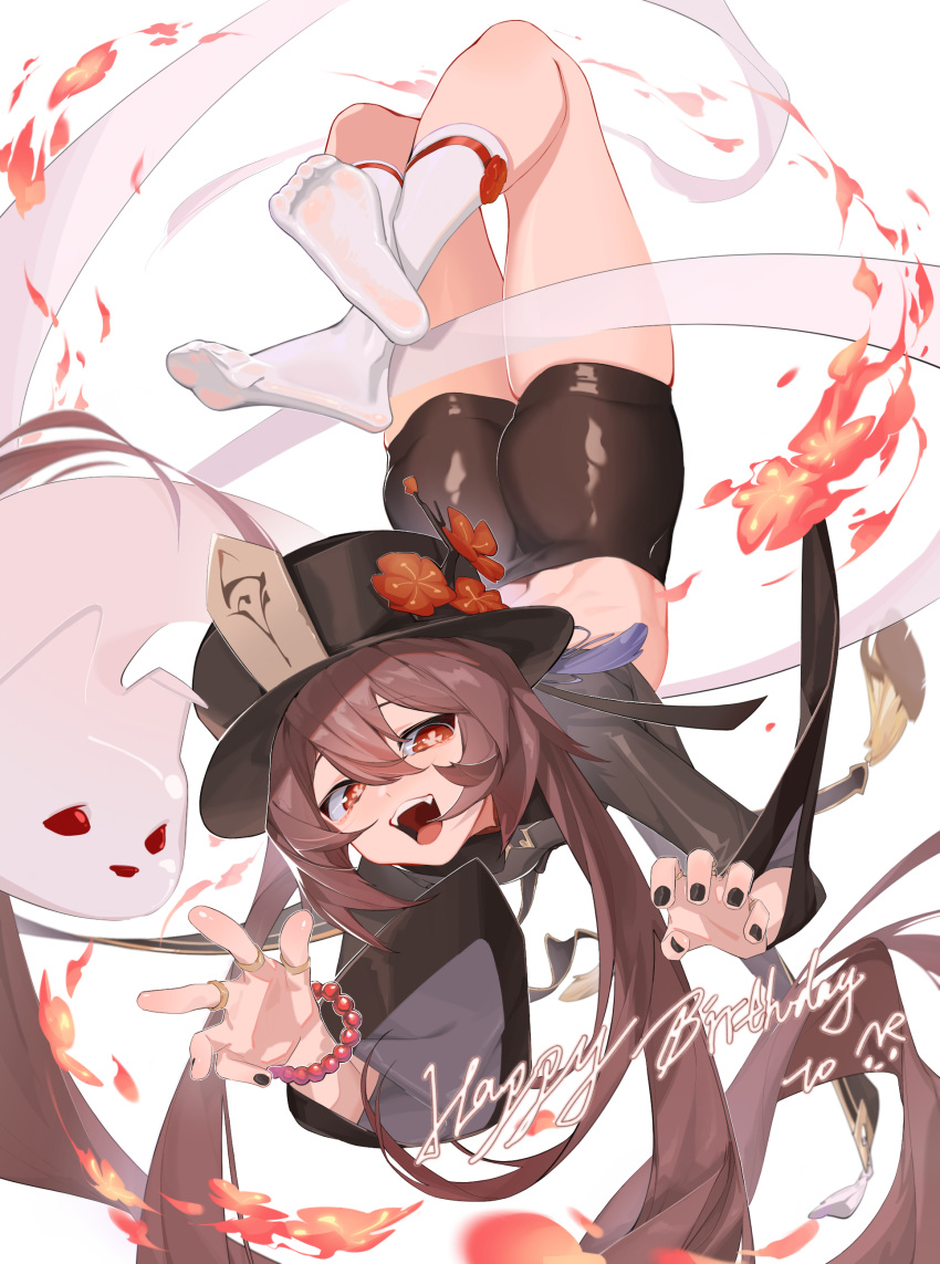 absurdres bead_bracelet beads black_coat black_hat black_nails black_shorts bracelet brown_hair coat commentary crossed_ankles dated_commentary feet female flower flower-shaped_pupils full_body genshin_impact ghost happy_birthday hat hat_flower hat_tassel highres hu_tao_(genshin_impact) jewelry legs long_hair long_sleeves looking_at_viewer multiple_rings no_shoes open_mouth porkpie_hat red_eyes ring short_shorts shorts smile socks soles solo symbol-only_commentary symbol-shaped_pupils teeth toes twintails upper_teeth_only upside-down v.a._(vanilla) white_socks