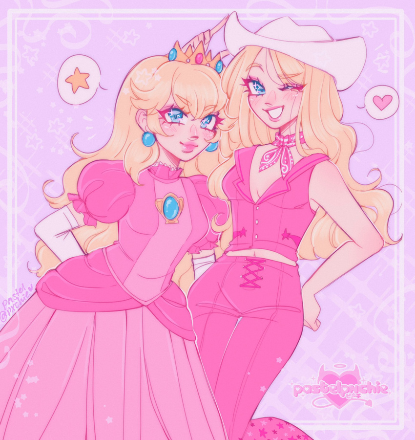 2girls barbie_(character) barbie_(franchise) barbie_(live_action) blonde_hair blue_eyes breasts cleavage color_connection commentary cowboy_hat crossover crown dress elbow_gloves english_commentary gem gloves grin hat highres long_hair looking_at_viewer mario_(series) midriff multiple_girls navel one_eye_closed pastelpxchie pink_dress pink_theme princess princess_peach smile white_gloves white_hat y2k_fashion