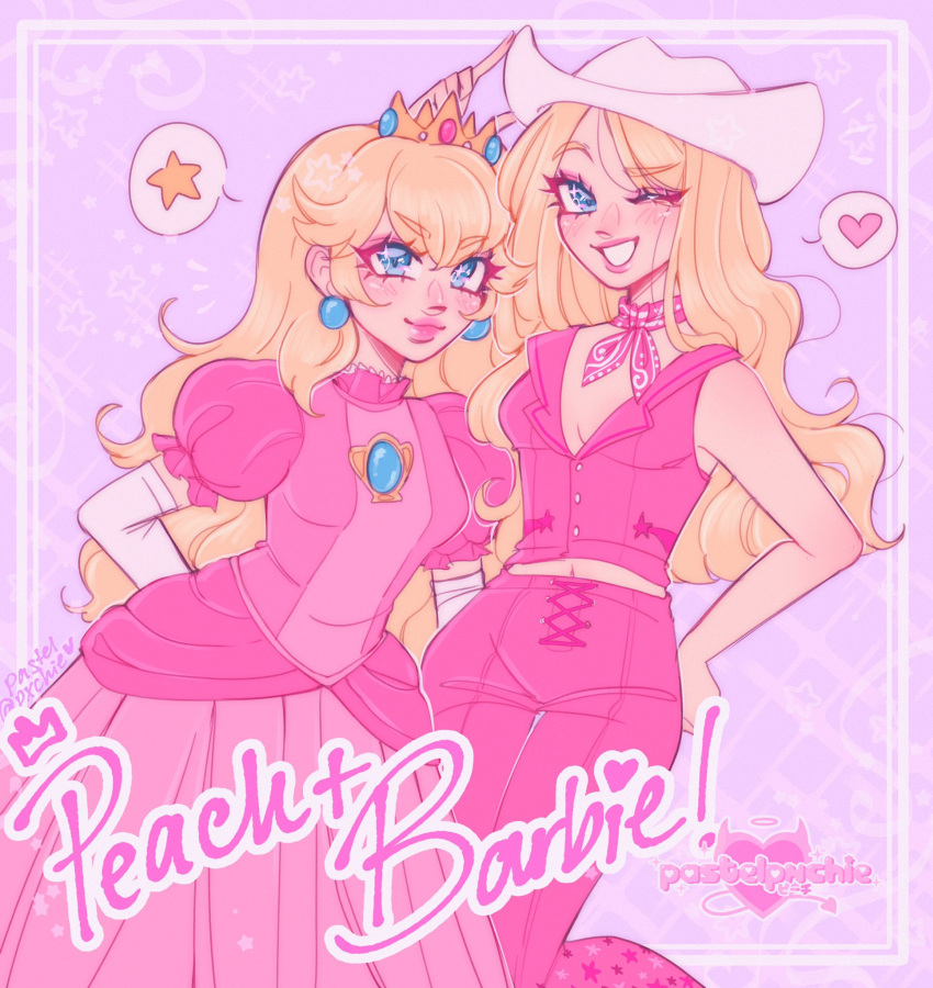 2girls barbie_(character) barbie_(franchise) barbie_(live_action) blonde_hair blue_eyes breasts cleavage color_connection commentary cowboy_hat crossover crown dress elbow_gloves english_commentary gem gloves grin hat highres long_hair looking_at_viewer mario_(series) midriff multiple_girls navel one_eye_closed pastelpxchie pink_dress pink_theme princess princess_peach smile white_gloves white_hat y2k_fashion