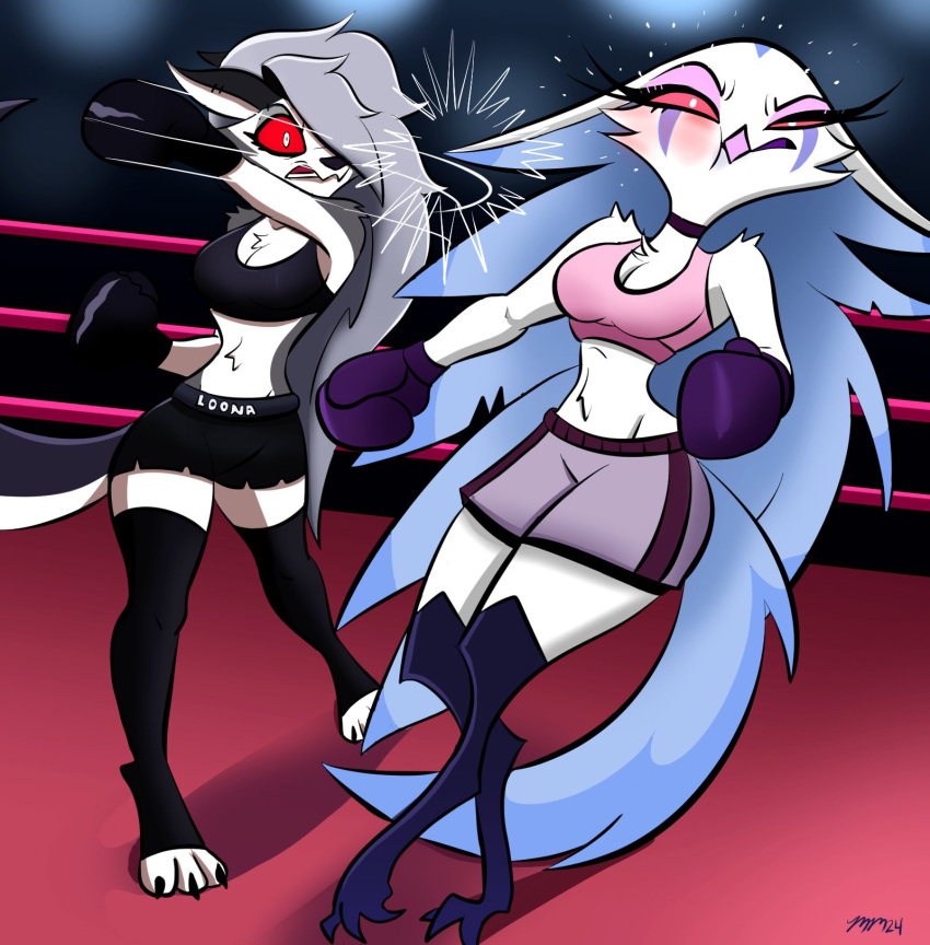 49ersrule07_(artist) anatid angry anseriform anserinae anthro avian avian_demon bird boxing boxing_gloves boxing_shorts breasts canid canid_demon canine clothing demon detailed_background duo female female/female fighting_ring fur grey_body grey_fur grey_hair hair handwear hellhound helluva_boss hi_res long_hair loona_(helluva_boss) mammal mythological_canine mythological_creature mythology pink_eyes punch red_eyes sport standing stella_(helluva_boss) swan white_body white_face white_fur white_hair wounded