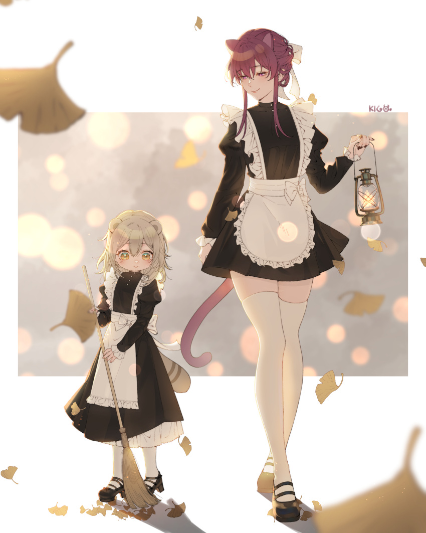 2girls :> absurdres aged_down animal_ears apron black_dress broom brown_eyes brown_hair cat_ears cat_girl cat_tail dress edogawa_kigoro falling_leaves high_heels highres holding holding_broom holding_lamp honkai:_star_rail honkai_(series) kafka_(honkai:_star_rail) leaf light_blush lips lolicon looking_at_another looking_down maid maid_apron medium_hair multiple_girls purple_eyes purple_hair raccoon_ears raccoon_girl raccoon_tail stelle_(honkai:_star_rail) sweeping tail thighhighs trailblazer_(honkai:_star_rail) white_apron white_thighhighs