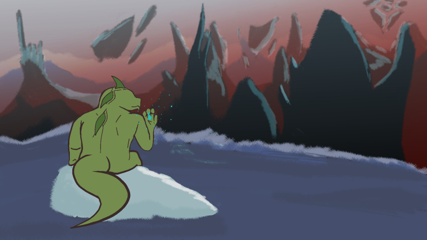 ails contemplating eyeless floating hi_res lonely male mountain nude_anthro scalie solo thinking