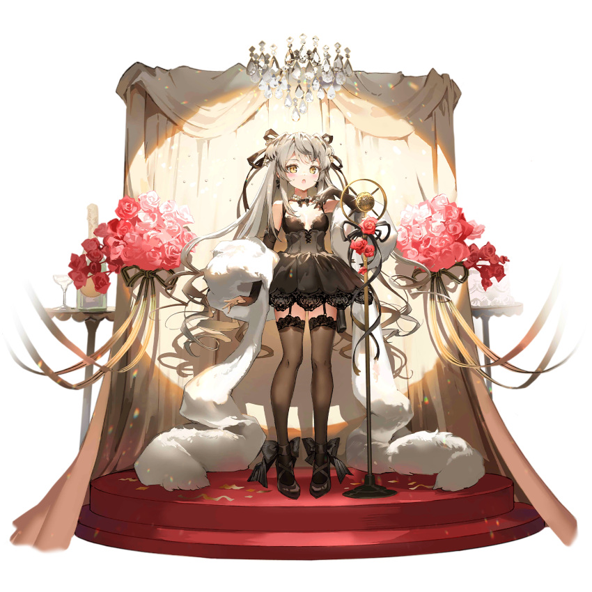 anmi black_bow black_bowtie black_dress black_footwear black_gloves black_ribbon black_thighhighs blonde_hair blush bow bowtie breasts cake champagne_bottle chandelier cleavage confetti cup curtains desert_eagle desert_eagle_(girls'_frontline) desert_eagle_(roses_and_birdsong)_(girls'_frontline) diorama dress elbow_gloves female fingerless_gloves flower food full_body fur_shawl garter_straps girls'_frontline gloves gun hair_ribbon hand_up handgun high_heels highres holster lace-trimmed_dress lace-trimmed_thighhighs lace_trim long_hair microphone microphone_stand music official_alternate_costume official_art open_mouth pearl_choker red_flower red_rose ribbon rose shawl simple_background singing single_fingerless_glove sleeveless sleeveless_dress small_breasts solo standing sweatdrop table thigh_holster thighhighs third-party_source transparent_background twintails very_long_hair weapon yellow_eyes