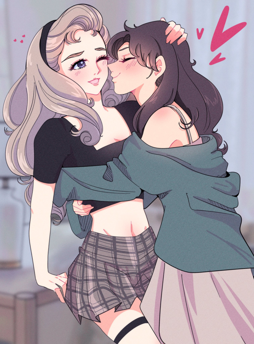 2girls black_hairband black_shirt blonde_hair blue_sweater blurry blurry_background brown_hair closed_eyes closed_mouth commentary_request dress english_commentary glass_no_kamen grey_skirt hairband hand_on_another's_head heart highres himekawa_ayumi hug indoors kitajima_maya laura_(wisteriamemory_) linea_alba long_hair midriff mixed-language_commentary multiple_girls off_shoulder one_eye_closed pink_dress plaid_clothes plaid_skirt pleated_skirt purple_eyes shirt short_sleeves skirt sleeves_past_wrists smile sweater thigh_strap yuri