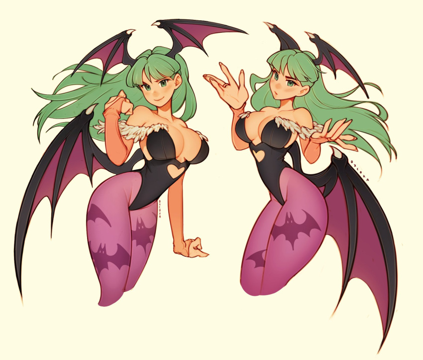 animal_print artist_name bat_print bat_wings black_leotard breasts bridal_gauntlets cleavage clothing_cutout darkstalkers female green_eyes green_hair head_wings heart_cutout highres large_breasts leotard long_hair morrigan_aensland multiple_views oxcoxa pantyhose pink_bridal_gauntlets print_pantyhose purple_pantyhose simple_background strapless strapless_leotard white_background wings