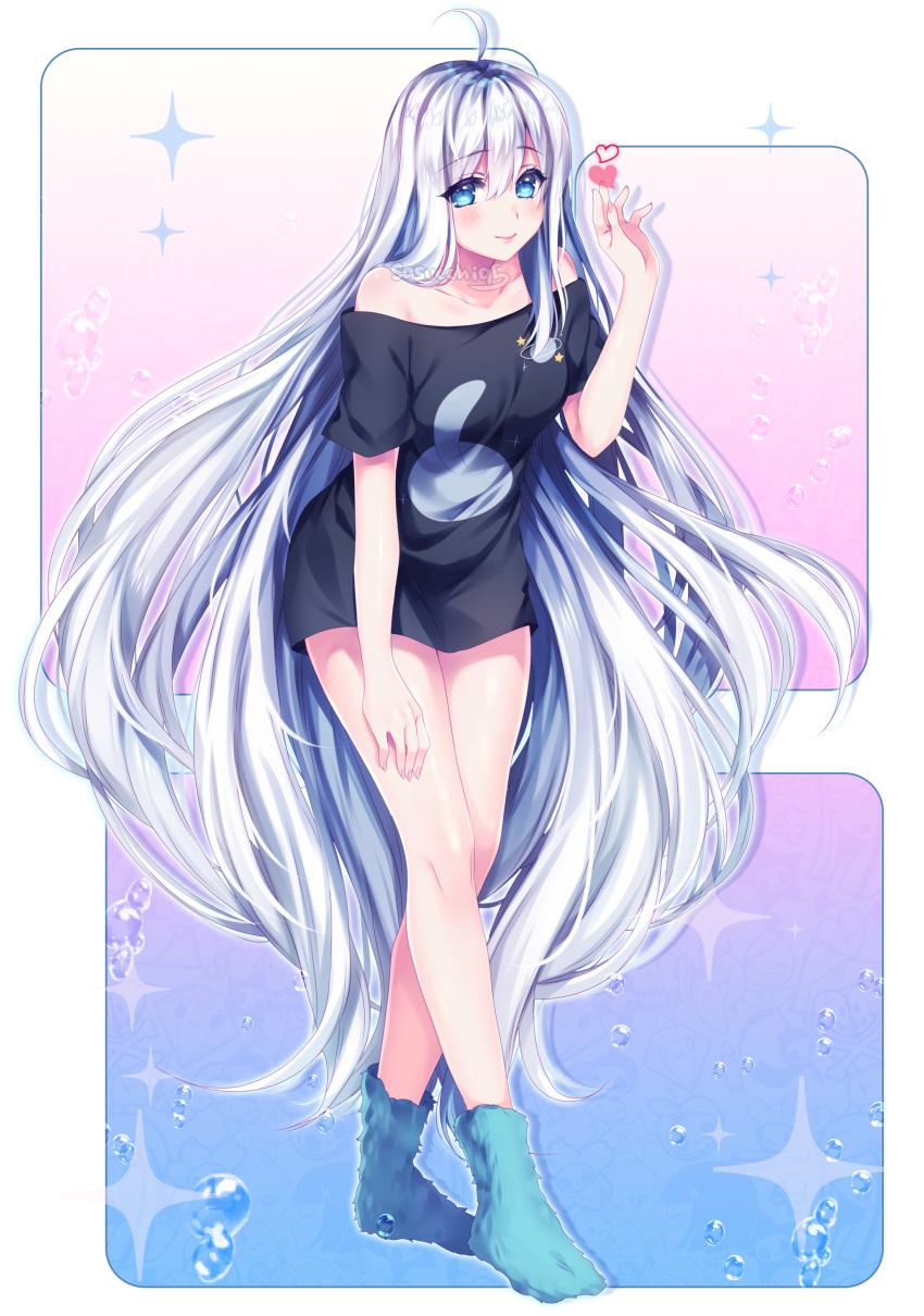 absurdly_long_hair absurdres ahoge air_bubble artist_name bare_shoulders black_shirt blue_eyes blue_socks blush bubble closed_mouth collarbone commentary commission drop_shadow english_commentary female fingernails full_body hair_between_eyes hair_over_shoulder hand_on_own_thigh hand_up heart highres long_hair looking_at_viewer no_pants off-shoulder_shirt off_shoulder original sasucchi95 shirt short_sleeves simple_background smile socks solo sparkle standing very_long_hair white_hair