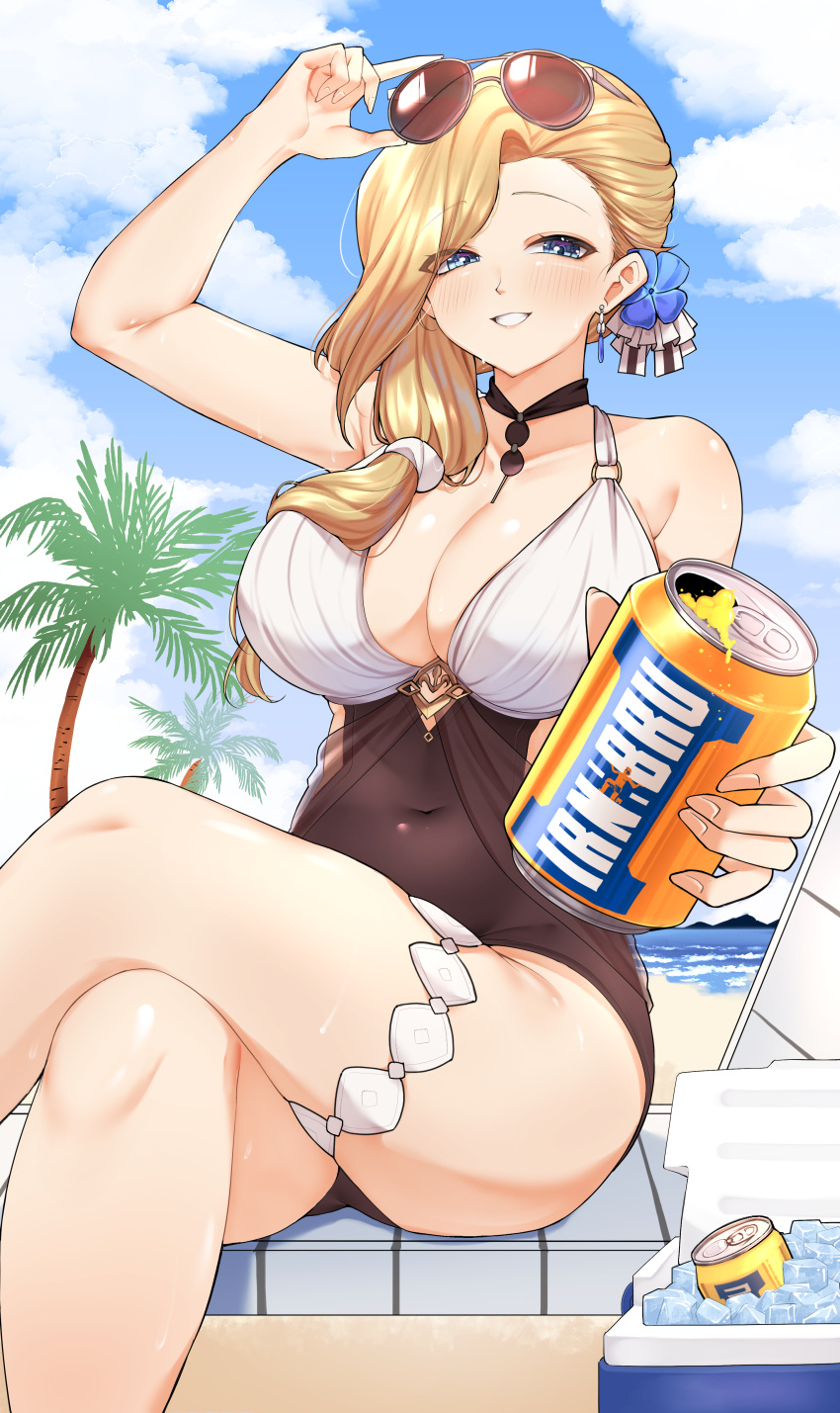 absurdres adjusting_eyewear azur_lane bare_shoulders beach blonde_hair blue_eyes breasts can cleavage collarbone drink_can eyewear_on_head female flower foam grin hair_flower hair_ornament hand_on_own_thigh highres holding holding_can hood_(azur_lane) hood_(lady_of_the_shining_sun)_(azur_lane) incoming_drink irn-bru jewelry kghazir large_breasts long_hair necklace official_alternate_costume outdoors smile soda_can sunglasses swimsuit thigh_strap