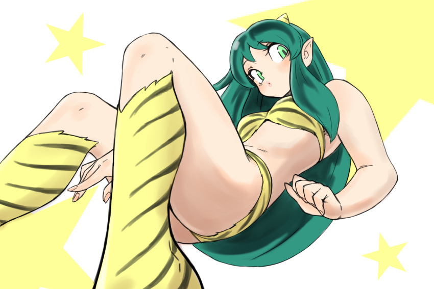 animal_print bikini cone_horns female fur_bikini green_hair horns lips long_hair looking_at_viewer lum oni pointy_ears solo strapless strapless_bikini swimsuit tiger_print toshinoshin urusei_yatsura