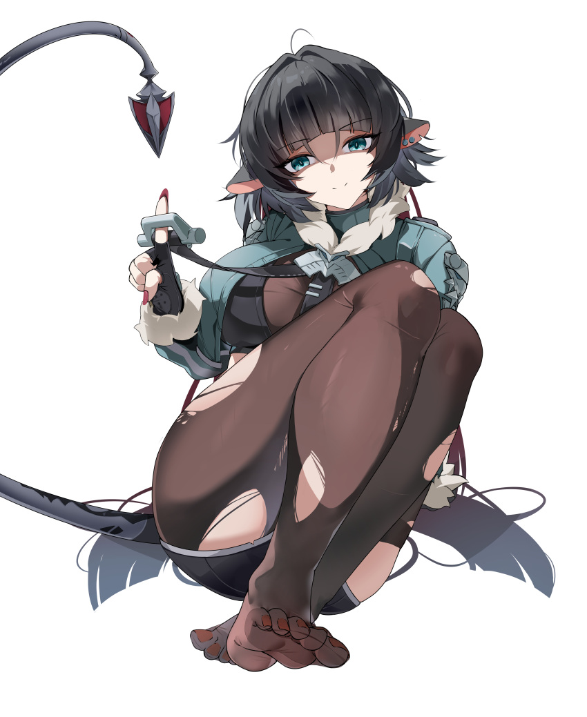 absurdres animal_ear_piercing animal_ears aqua_eyes aqua_jacket black_gloves black_pantyhose black_shorts black_thighhighs breasts crop_top ct.ender female fingerless_gloves fur-trimmed_jacket fur_trim gloves highres jacket jane_doe_(zenless_zone_zero) large_breasts looking_at_viewer mouse_ears mouse_girl mouse_tail nail_polish no_shoes pantyhose red_nails shorts simple_background single_leg_pantyhose single_thighhigh smile soles solo tail thighhighs toes torn_clothes torn_pantyhose torn_thighhighs white_background zenless_zone_zero