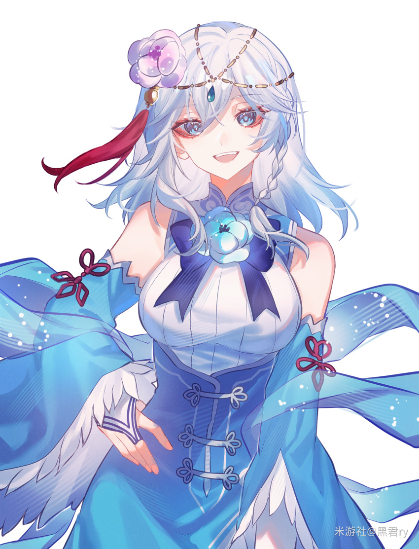 bare_shoulders benghuai_xueyuan blue_dress blue_eyes blue_flower blue_hair blue_sleeves breasts bridal_gauntlets chinese_clothes cosplay detached_sleeves dress eyeliner female flower hair_flower hair_ornament head_chain highres honkai_(series) jewelry kurokunry makeup open_mouth pan_long_(benghuai_xueyuan) pan_long_(benghuai_xueyuan)_(cosplay) purple_flower red_eyeliner rolling_thunder_(benghuai_xueyuan) smile solo tassel tassel_hair_ornament