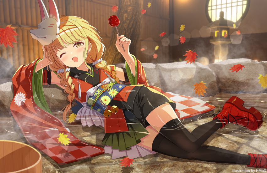 absurdres artist_name bell black_shorts black_thighhighs blonde_hair blush braid candy candy_apple commentary_request detached_sleeves earrings female food fox_mask fujita_kotone gakuen_idolmaster head_rest heart heart_in_eye highres hmax holding holding_candy holding_food idolmaster japanese_clothes jewelry jingle_bell kimono leaf long_hair long_sleeves looking_at_viewer lying maple_leaf mask mask_on_head obi oerba_yun_fang on_side one_eye_closed open_mouth partially_submerged red_footwear sash shoes shorts skin_fang solo steam stud_earrings symbol_in_eye thighhighs twin_braids twintails water wide_sleeves yellow_eyes