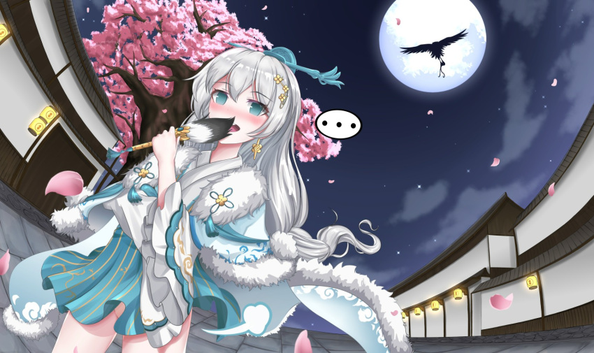 ... architecture bird blue_eyes blush byeoljagga cherry_blossoms chinese_clothes cloud cloudy_sky commission earrings east_asian_architecture female hair_between_eyes hair_ornament hand_fan hawk highres holding holding_fan honkai_(series) honkai_impact_3rd jewelry korean_commentary lantern looking_at_viewer moon night night_sky open_mouth outdoors petals sky solo teeth theresa_apocalypse tree white_hair zhuge_kongming_(honkai_impact)