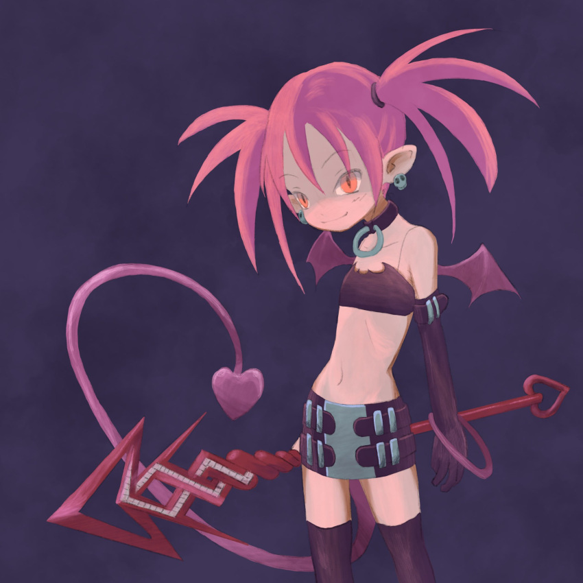 black_thighhighs choker commentary_request crop_top demon_girl demon_tail disgaea earrings elder_spear etna_(disgaea) female flat_chest highres jewelry kagami_(mirror_u) looking_at_viewer makai_senki_disgaea mini_wings miniskirt navel o-ring o-ring_choker orange_eyes red_hair red_wings skirt skull_earrings smile solo tail thighhighs twintails wings