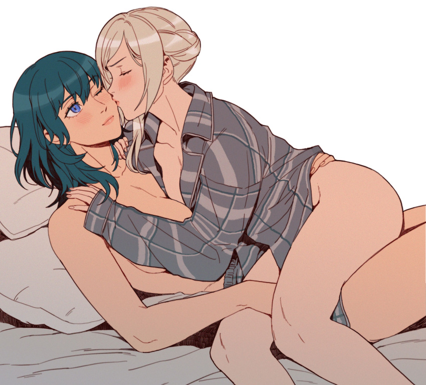 2girls absurdres ass blue_eyes blue_hair blush bottomless breasts byleth_(female)_(fire_emblem) byleth_(fire_emblem) closed_eyes convenient_censoring edelgard_von_hresvelg fire_emblem fire_emblem:_three_houses highres kissing large_breasts long_hair lying multiple_girls on_back on_bed one_eye_closed radiostarkiller sitting sitting_on_lap sitting_on_person topless white_hair yuri