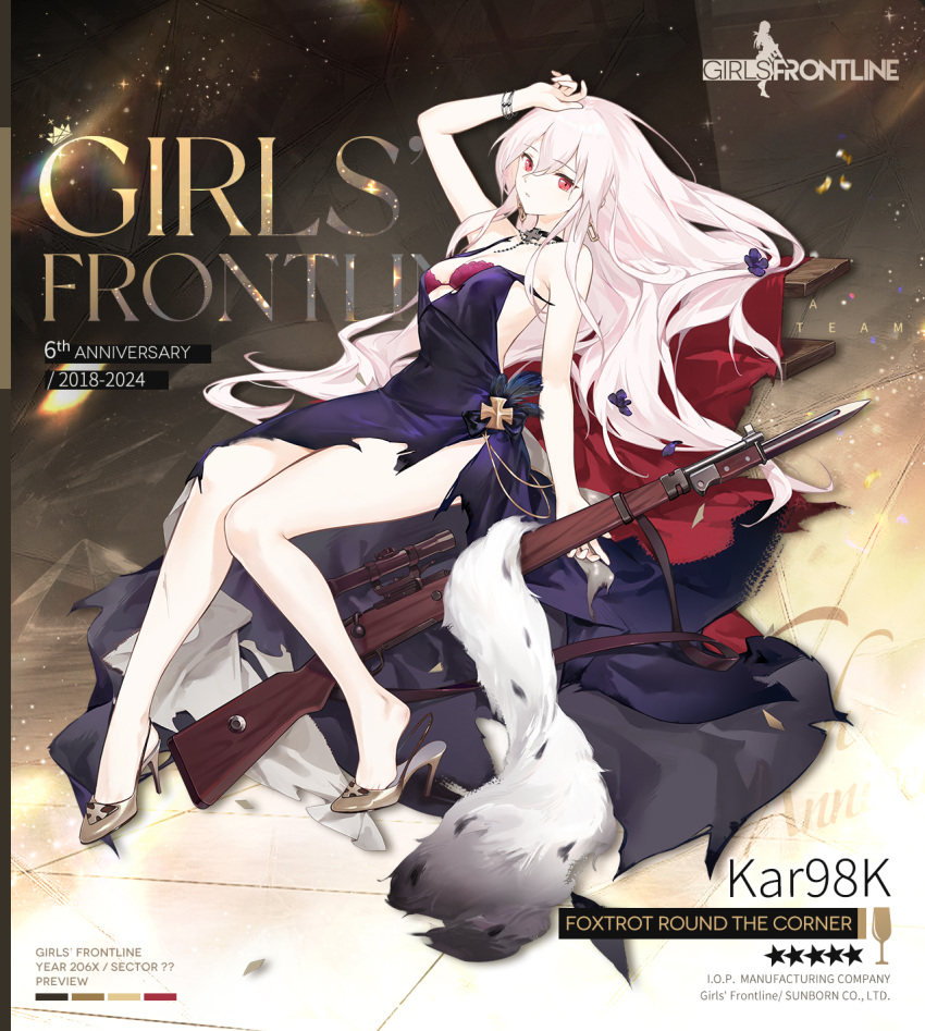 anniversary backless_dress backless_outfit bare_legs bayonet black_choker bolt_action bra breasts chain_earrings chains character_name choker cleavage commentary company_name confetti copyright_name cross dress earrings english_commentary feet female flower full_body fur_shawl girls'_frontline grey_footwear gun hair_between_eyes hair_flower hair_ornament hand_on_own_head heel_pop high_heels highres iron_cross jewelry kar98k_(foxtrot_round_the_corner)_(girls'_frontline) kar98k_(girls'_frontline) lace lace_bra long_hair looking_at_viewer lying mauser_98 medium_breasts no_socks official_alternate_costume official_art on_back on_stairs parted_lips promotional_art purple_dress purple_flower red_bra red_carpet red_eyes rifle scope second-party_source shawl side_slit silver_bracelet single_bracelet sleeveless sleeveless_dress smile_(mm-l) solo stairs star_(symbol) toe_cleavage torn_clothes torn_dress torn_straps underwear very_long_hair weapon white_hair