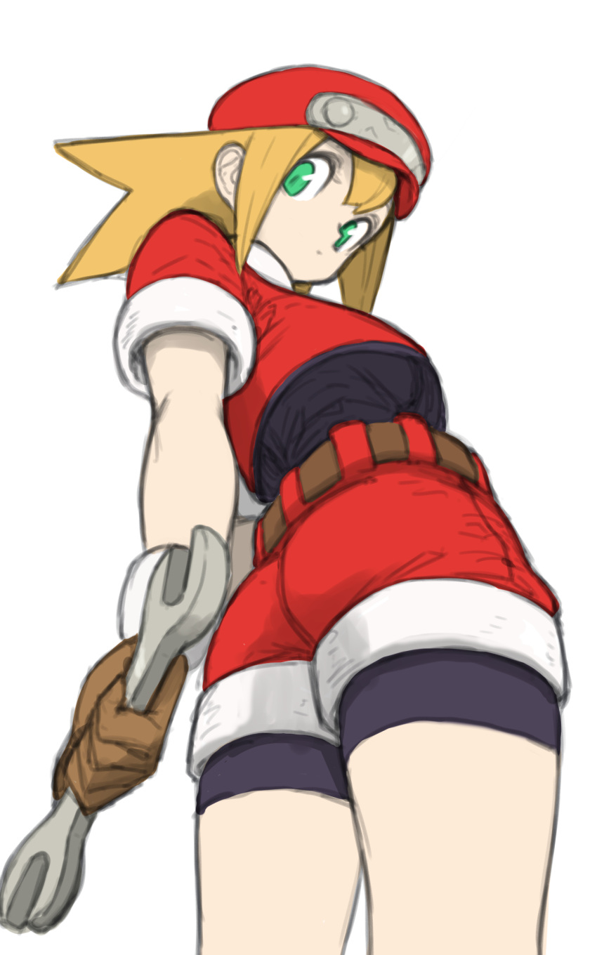 absurdres ass blonde_hair bodysuit bodysuit_under_clothes brown_gloves cabbie_hat cropped_jacket expressionless female from_below gloves green_eyes hat highres holding holding_wrench looking_at_viewer mega_man_(series) mega_man_legends_(series) red_hat red_shorts roll_caskett_(mega_man) shorts simple_background solo spandex toshinoshin white_background wrench