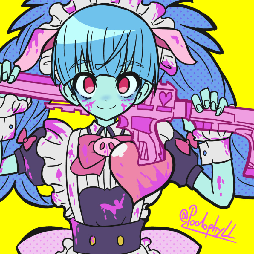 akiba_maid_sensou alternate_costume animal_ears aqua_skin assault_rifle blood blue_hair bow bowtie commentary_request cosplay fake_animal_ears female gun heart holding holding_gun holding_weapon hoshikawa_lily long_hair looking_at_viewer m4_carbine maid pig_ears pink_blood red_eyes rifle saw92 signature simple_background smile solo tanaka_minami_(voice_actor) twintails voice_actor_connection weapon yellow_background yumechi_(akiba_maid_sensou) yumechi_(akiba_maid_sensou)_(cosplay) zombie_land_saga