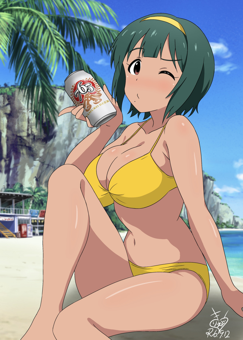 absurdres alcohol beach beer_can bikini blue_sky breasts brown_eyes can cliff cloud dated day drink_can female green_hair hairband highres idolmaster idolmaster_(classic) kirie_dou large_breasts looking_at_viewer mole mole_under_mouth one_eye_closed otonashi_kotori outdoors palm_tree short_hair signature sky solo swimsuit tan tree variant_set yellow_bikini yellow_hairband