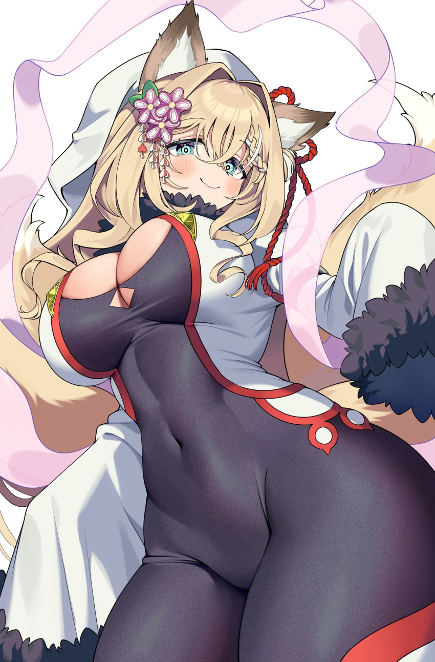 absurdres animal_ears blonde_hair blue_eyes bodystocking braid breasts cleavage closed_mouth commission covered_navel flower fox_ears fox_girl fox_tail fur-trimmed_sleeves fur_collar fur_trim hair_bun hair_flower hair_intakes hair_ornament highres indie_virtual_youtuber iroyopon koromo_naruru large_breasts linea_alba long_hair multicolored_hair multiple_tails skeb_commission sleeves_past_fingers sleeves_past_wrists smile streaked_hair tail virtual_youtuber white_hair white_hood