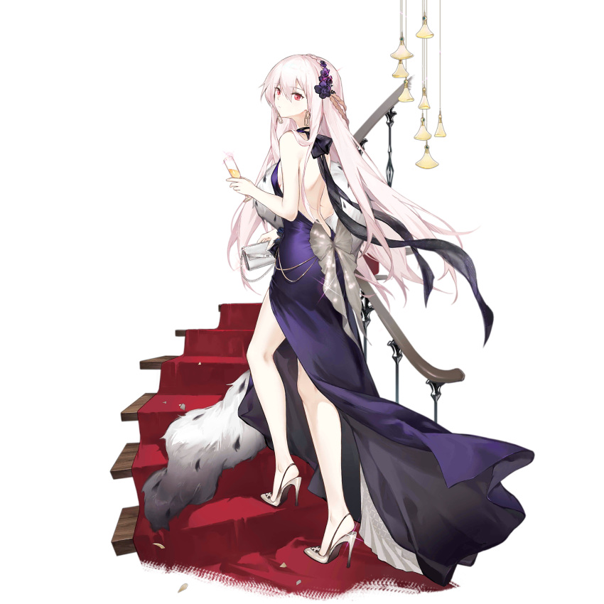 alcohol back_bow backless_dress backless_outfit bag bare_legs black_choker bow braid breasts chain_earrings chains champagne champagne_flute choker closed_mouth confetti crown_braid cup dress drinking_glass earrings feet female flower from_behind full_body fur_shawl girls'_frontline grey_bag grey_bow grey_footwear hair_between_eyes hair_flower hair_ornament handbag hanging_light heel_pop high_heels highres holding holding_bag holding_cup jewelry kar98k_(foxtrot_round_the_corner)_(girls'_frontline) kar98k_(girls'_frontline) long_hair looking_at_viewer looking_back medium_breasts no_socks official_alternate_costume official_art on_stairs purple_dress purple_flower railing red_carpet red_eyes shawl side_slit sideboob simple_background sleeveless sleeveless_dress smile_(mm-l) solo stairs standing third-party_source transparent_background very_long_hair white_hair