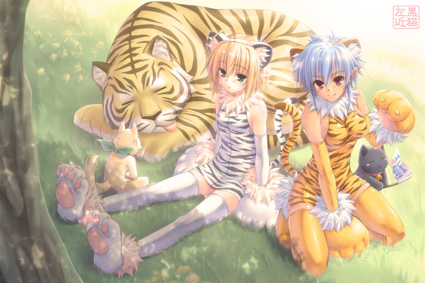 2girls animal_ears animal_hands animal_print bad_id bad_pixiv_id blonde_hair blue_hair detached_sleeves feline flat_chest green_eyes hairband huey_ranfaruto kuroneko_sakon multiple_girls oerba_yun_fang original photoshop_(medium) pointy_ears raisen_(studio_tiara) red_eyes sitting tail thighhighs tiger tiger_ears tiger_print tiger_tail