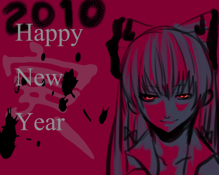 2010 bad_id bad_pixiv_id female fujiwara_no_mokou glowing glowing_eyes hair_ribbon monochrome new_year photoshop_(medium) portrait red_background red_theme remon2222 ribbon smirk solo touhou