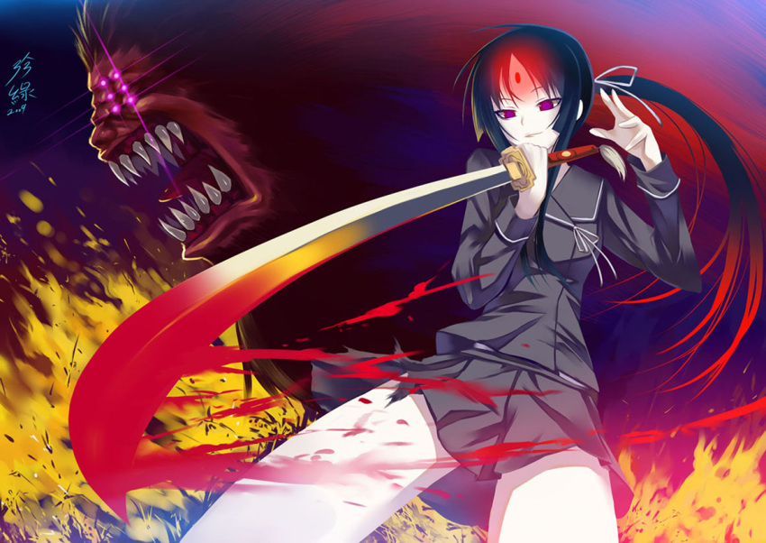 commentary_request female ga-rei ga-rei_zero isayama_yomi katana long_hair monster photoshop_(medium) ponytail purple_eyes ranguren sword weapon zhen_lu