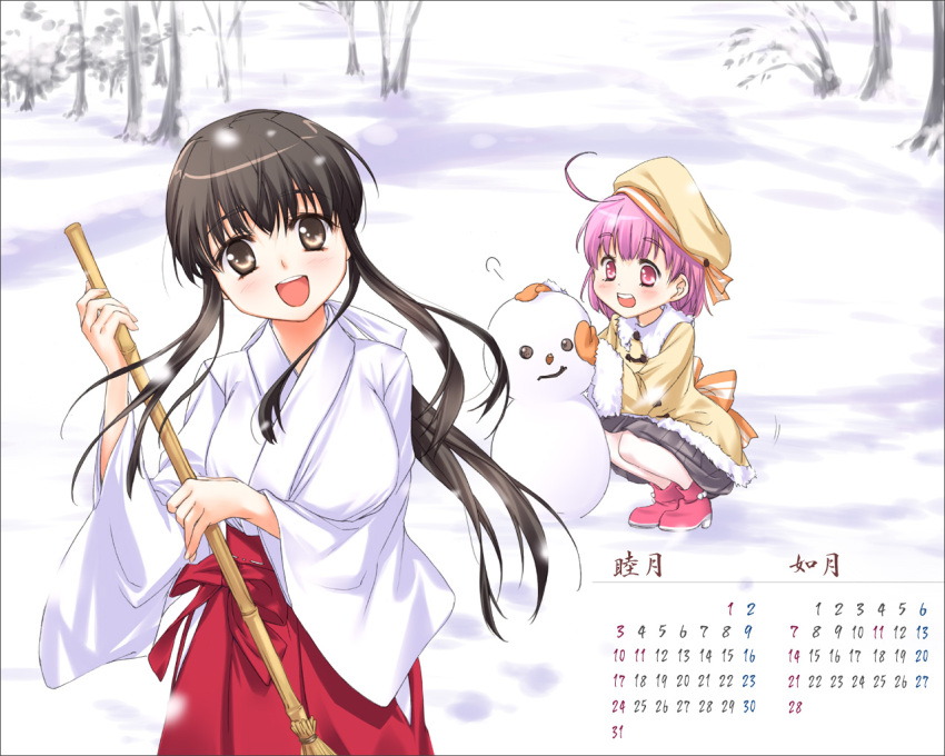 2010 2girls broom brown_eyes brown_hair calendar_(medium) february hakama hakama_skirt hat january japanese_clothes kanda_aya long_hair mashiba_mariko miko mittens motoori_chigusa multiple_girls original pink_eyes pink_hair ponytail red_hakama short_hair skirt snow snowman