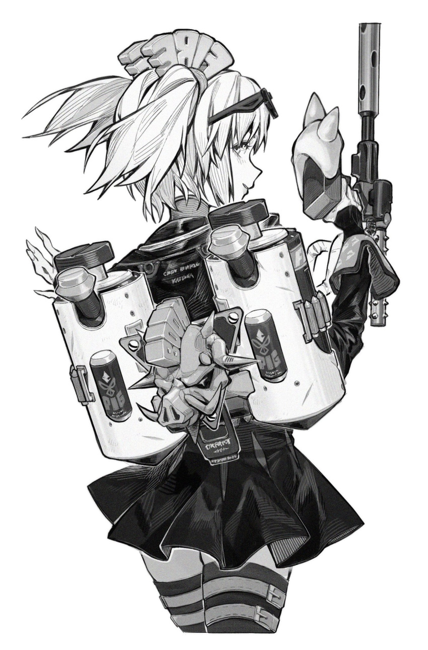 burnice_white closed_mouth cowboy_shot eyewear_on_head female fingerless_gloves flamethrower from_behind gloves greyscale hair_between_eyes highres long_hair monochrome sidelocks simple_background skirt smile solo sunglasses weapon white_background zenless_zone_zero zero808w