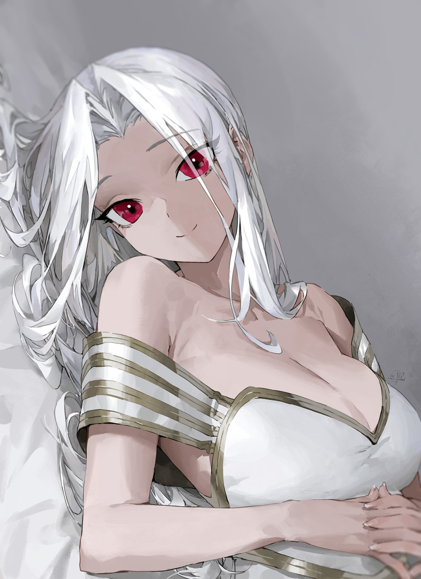 bare_shoulders breasts cleavage commentary eyes_visible_through_hair fate/zero fate_(series) female highres interlocked_fingers irisviel_von_einzbern large_breasts looking_at_viewer lying on_back sepo_(mito609) smile solo strap_slip upper_body