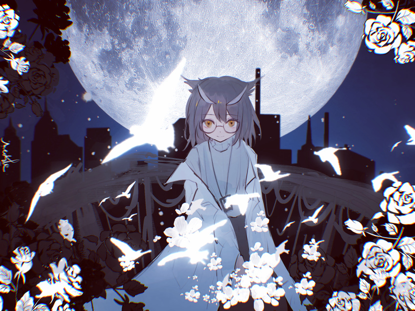 alternate_costume animal_ears arknights bird brown_hair feather_hair female flower full_moon glasses grey_sweater highres jacket lab_coat looking_at_viewer menthe moon night night_sky owl_ears short_hair silence_(arknights) sky smile solo sweater white_bird white_flower