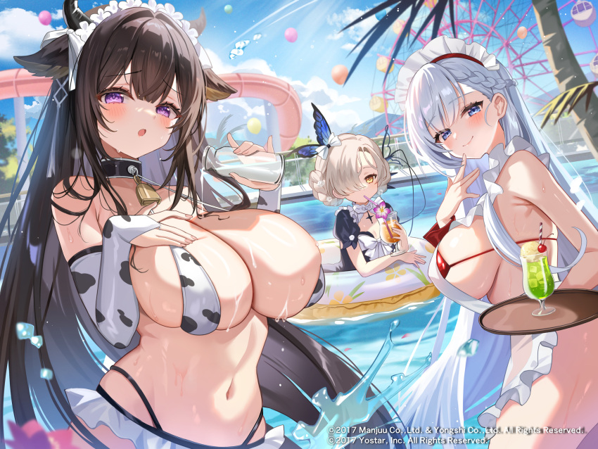 3girls :o amusement_park animal_ears animal_print apron azur_lane balloon bare_shoulders belfast_(azur_lane) belfast_(blissful_service)_(azur_lane) bell bikini black_choker black_hair black_horns blue_eyes blush bottle bow breasts bridal_gauntlets butterfly_hair_ornament cherry choker closed_mouth copyright_name copyright_notice cow_ears cow_print cow_print_bikini cup drinking_straw ferris_wheel finger_to_mouth food frilled_apron frilled_bikini frills fruit gloves grey_hair hair_ornament hair_over_one_eye hairbow half_up_braid hand_on_own_chest highres holding holding_cup holding_tray horns huge_breasts innertube kashino_(azur_lane) kashino_(fresh_and_sweet)_(azur_lane) large_breasts long_hair looking_at_viewer maid_headdress milk_bottle multi-strapped_bikini_bottom multiple_girls navel official_alternate_costume official_art outdoors palm_tree partially_submerged print_bikini puffy_short_sleeves puffy_sleeves purple_eyes red_bikini satoupote sheffield_(azur_lane) sheffield_(occult_clash)_(azur_lane) short_sleeves sideboob smile stomach swim_ring swimsuit tray tree underboob very_long_hair water_slide wet white_apron white_bikini white_bow white_gloves white_hair yellow_eyes