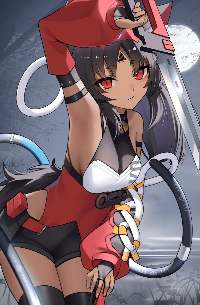 absurdres animal_ears arm_up armpits bell black_bridal_gauntlets black_hair bridal_gauntlets cat_ears cat_girl cat_tail corset dark_skin facial_mark female forehead_mark forehead_tattoo grey_background highres holding holding_sword holding_weapon long_hair mechanical_tail moon multiple_tails neck_bell nekomiya_mana parted_lips red_corset red_eyes red_sleeves solo sword tail thomas_8000 triangle_facial_mark two_tails weapon zenless_zone_zero