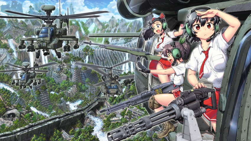 3girls :< aircraft attack_helicopter backpack bag black_hair blue_sky boots breasts brown_eyes brown_footwear city cloud commentary_request ear_protection gatling_gun groin gun hair_ribbon hase_yu headset helicopter holding holding_gun holding_weapon knee_pads large_breasts medium_breasts military_vehicle minigun miniskirt multiple_girls necktie oerba_yun_fang original overgrown pleated_skirt ponytail red_necktie ribbon rifle river ruins school_uniform shirt skirt sky water waterfall waving weapon white_shirt