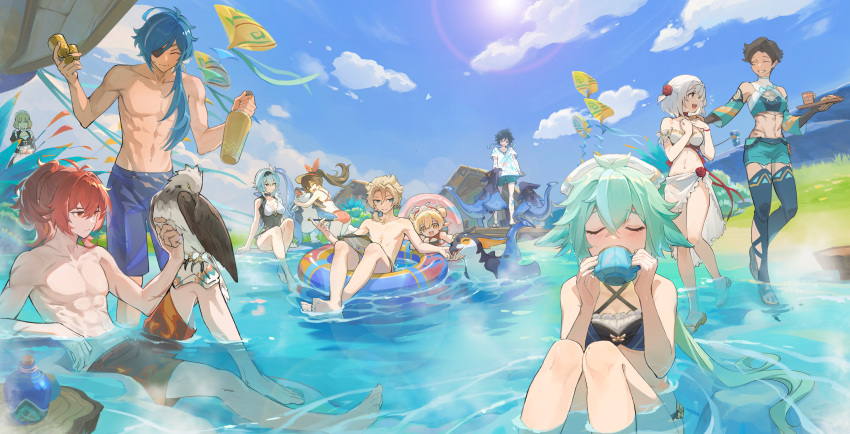 4boys 6+girls :d ^_^ absurdres ahoge albedo_(genshin_impact) amber_(genshin_impact) animal_ears apron aqua_hair aqua_shorts ass atea_(genshin_impact) bare_shoulders barefoot bikini bird_on_leg black_dress black_hair black_headband blonde_hair blue_eyes blue_hair blue_sky breasts character_request cleavage closed_eyes cloud collarbone commentary crossed_bangs cup day diluc_(genshin_impact) dress drinking english_commentary eula_(genshin_impact) feet fingernails genshin_impact green_hair hair_between_eyes headband highres holding holding_cup holding_pencil hug kaeya_(genshin_impact) klee_(genshin_impact) koholasaurus_(genshin_impact) light_blue_hair long_hair looking_at_another maid male_swimwear multicolored_hair multiple_boys multiple_girls navel noelle_(genshin_impact) on_innertube one-piece_swimsuit outdoors own_hands_together panties partially_submerged pencil ponytail red_bikini red_hair red_panties red_swim_trunks shirt shorts side-tie_skirt sitting skirt sky smile standing stomach sucrose_(genshin_impact) sunlight swim_trunks swimsuit teeth tiny_(0v0) toes topless_male underwear upper_teeth_only venti_(genshin_impact) very_long_hair waist_apron water white_apron white_bikini white_shirt white_skirt yellow_eyes