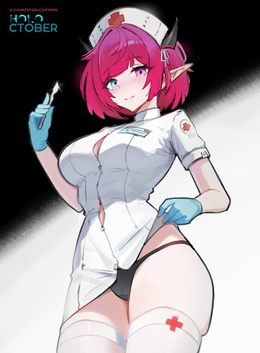 absurdres alternate_costume alternate_hairstyle black_panties blue_eyes demon_horns female gloves hat heterochromia highres holding_scalpel hololive hololive_english horns irys_(hololive) nurse nurse_cap panties pointy_ears purple_eyes purple_hair scalpel short_hair stealcoffins thighhighs underwear