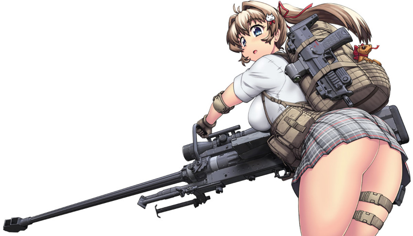 ass bent_over blue_eyes breasts brown_gloves brown_hair cat_hair_ornament commentary_request elbow_pads female gloves gun hair_intakes hair_ornament hase_yu holding holding_gun holding_weapon large_breasts lizard long_hair microphone original plaid_clothes plaid_skirt pleated_skirt ponytail pouch shirt skirt solo submachine_gun thigh_strap weapon white_shirt