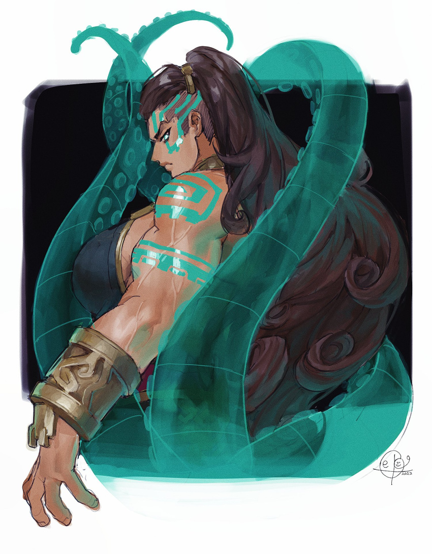 arm_tattoo breasts brown_hair commentary_request curly_hair dark-skinned_female dark_skin facial_mark facial_tattoo female from_side frown head_tattoo highres huge_breasts illaoi korean_commentary league_of_legends muscular muscular_female ponytail sepo_(mito609) serious signature solo tattoo tentacle undercut underwear upper_body vambraces veins