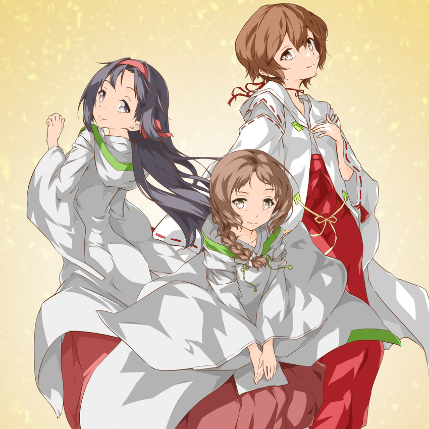 3girls absurdres braid brown_eyes brown_hair choker commentary_request fujimori_mito hair_between_eyes hairband hakama hakama_skirt highres japanese_clothes kimono looking_at_viewer looking_back masuzu_aki miko multiple_girls neck_ribbon nogi_wakaba_wa_yuusha_de_aru red_hairband red_hakama red_ribbon ribbon ribbon-trimmed_sleeves ribbon_choker ribbon_trim sakuria short_hair single_braid skirt smile uesato_hinata white_kimono yuusha_de_aru