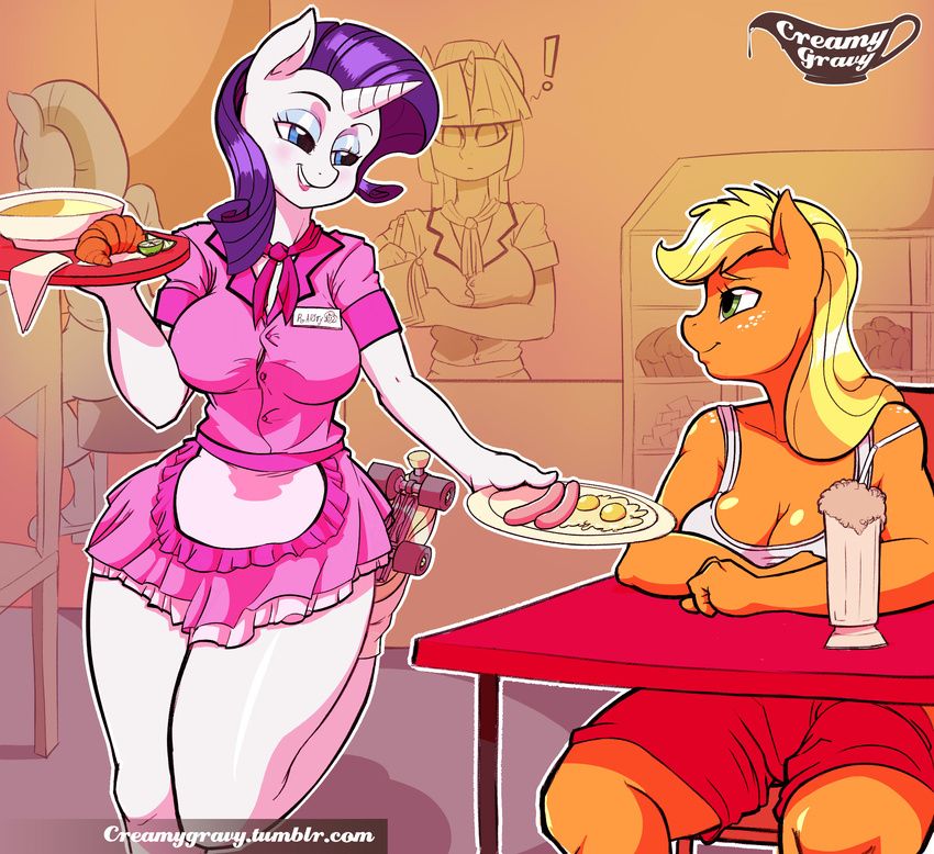 2015 anthro anthrofied applejack_(mlp) being_watched beverage big_breasts biped blonde_hair blouse blue_eyes blue_eyeshadow blush bottomwear bread breasts brown_blouse brown_body brown_bottomwear brown_clothing brown_eyes brown_fur brown_hair brown_horn brown_neckwear brown_ribbon brown_topwear carhop chair cleavage clothed clothing creamygravy croissant digital_media_(artwork) diner duo_focus earth_pony egg equid equine exclamation_point eye_contact eyelashes eyeshadow female flirting food footwear freckles friendship_is_magic frilly frilly_bottomwear frilly_clothing frilly_skirt fully_clothed fur furniture green_eyes group hair half-closed_eyes hasbro hi_res holding_food holding_object holding_platter horn horse inside lidded_eyes lips long_hair looking_at_another makeup mammal meat milkshake muffin multicolored_clothing multicolored_footwear my_little_pony mythological_creature mythological_equine mythology narrowed_eyes neckwear one_leg_up orange_body orange_breasts orange_ears orange_fur pastry pink_blouse pink_bottomwear pink_clothing pink_lips pink_neckwear pink_ribbon pink_shirt pink_skirt pink_topwear plate pony purple_hair quad_skates raised_leg rarity_(mlp) red_bottomwear red_clothing red_shorts restaurant roller_skates sausage serving_food shirt shorts sitting skating skirt smile standing straw_(disambiguation) table text topwear two_tone_clothing two_tone_footwear unicorn uniform url waiter white_body white_clothing white_ears white_footwear white_fur white_horn white_topwear writing_text yellow_clothing yellow_footwear