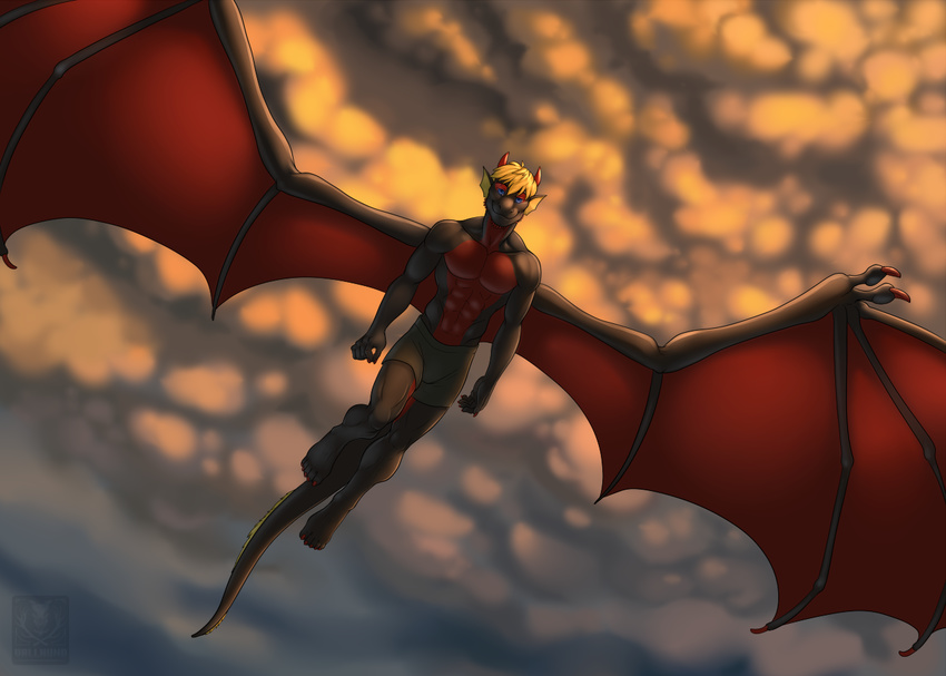 abs anthro athletic biceps black_body black_scales black_skin blonde_hair blue_eyes bottomwear claws clothed clothing cloud digital_media_(artwork) drago_(dhalo) dragon flying full-length_portrait grin hair horn large_wings looking_at_viewer male membrane_(anatomy) membranous_wings muscular muscular_anthro mythological_creature mythological_scalie mythology outside overcast pecs portrait pose red_body red_scales red_skin reptile scales scalie shorts sky skyscape smile solo spread_wings storm_dragon tail toe_claws topless vallhound wings