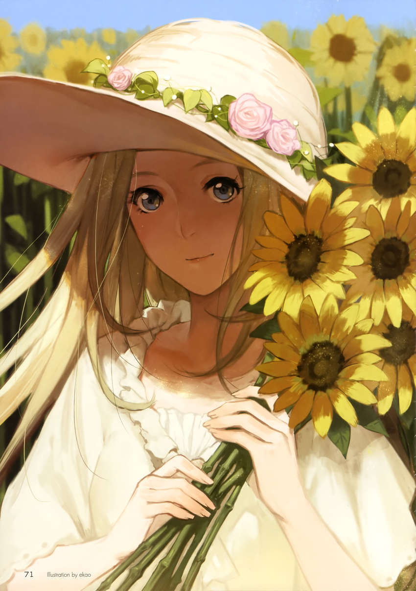 absurdres artist_name blonde_hair blue_eyes blurry depth_of_field ekao eyelashes female flower hat hat_flower highres holding holding_flower kawasumi_sisala light_smile long_hair looking_at_viewer outdoors page_number short_sleeves solo sun_hat sunflower tokyo_7th_sisters upper_body watermark