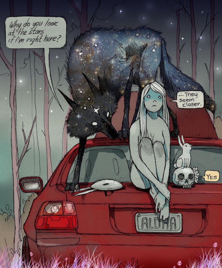 anthro bone canid canine canis car chiara_bautista dark detailed_background english_text female grass group hair hi_res human lagomorph leporid long_hair mammal mask night night_sky_body outside plant rabbit skull star text tree twilight vehicle wolf