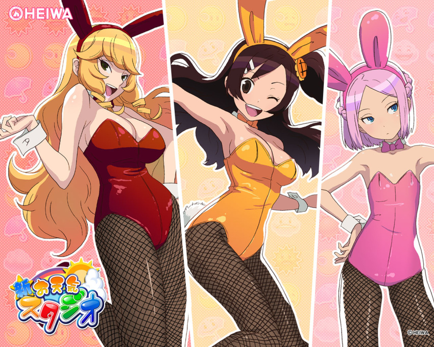 3girls animal_ears artist_request bare_shoulders blonde_hair bow breasts brown_hair cleavage fake_animal_ears fishnet_pantyhose fishnets flat_chest leotard medium_breasts multiple_girls one_eye_closed oozora_himawari oozora_kiku oozora_momo orange_leotard otenki_studio pantyhose pink_hair pink_leotard playboy_bunny rabbit_ears red_leotard small_breasts translation_request