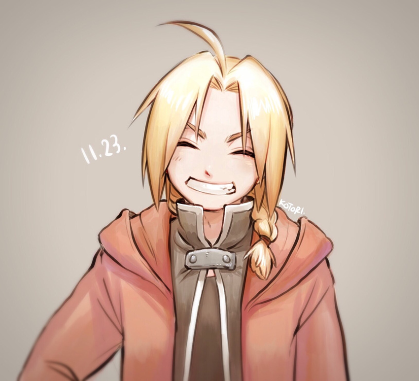 1boy anna_kotori artist_name black_shirt blonde_hair braid closed_eyes coat commentary_request dated edward_elric fullmetal_alchemist grey_background happy highres long_hair male_focus parted_lips red_coat shirt simple_background smile solo standing