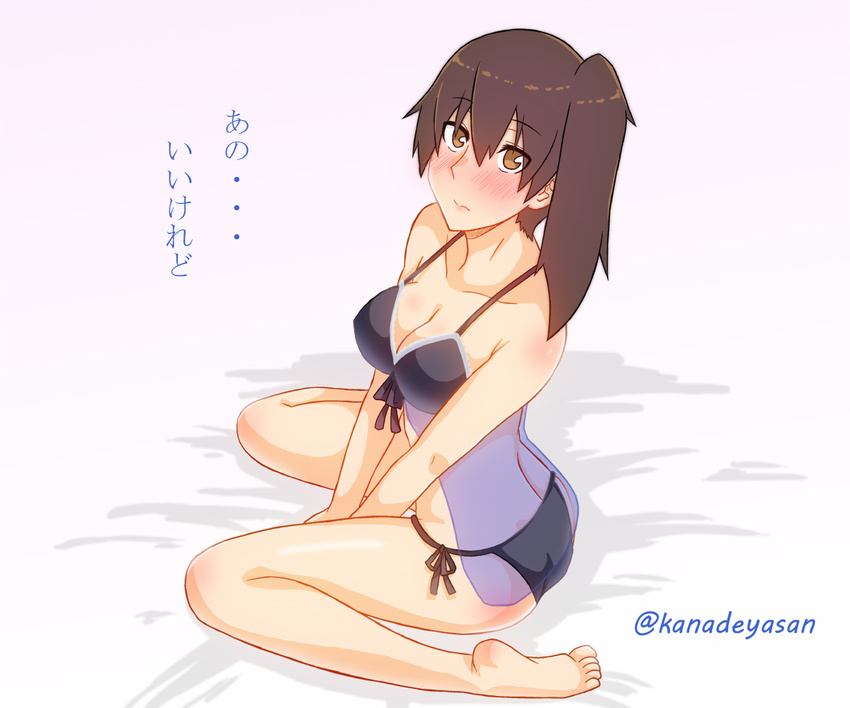 babydoll bangs blush breasts brown_hair collarbone feet female frown full_body highres kaga_(kantai_collection) kanade kantai_collection lingerie looking_at_viewer medium_breasts panties ponytail short_hair side_ponytail sitting twitter_username yellow_eyes