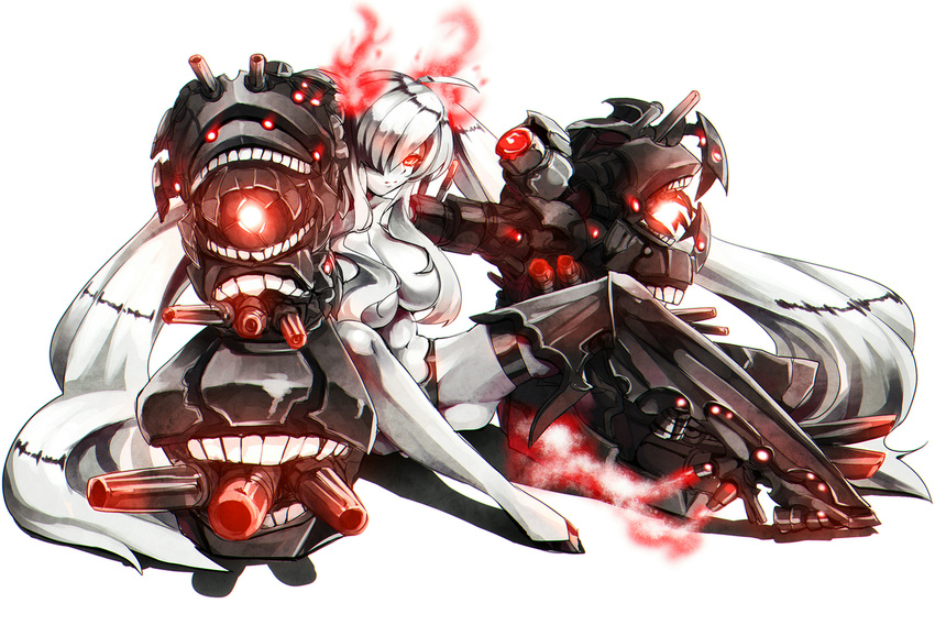 abyssal_ship armor armored_boots asymmetrical_legwear boots breasts burning_hair_ties commentary_request exhaust extra_mouth female glowing glowing_eye hair_censor hair_over_one_eye high_heels kantai_collection keita_(tundereyuina) knees_up large_breasts legs long_hair looking_at_viewer mechanical_arms red_eyes rigging simple_background sitting solo southern_ocean_war_princess teeth topless turret twintails uneven_legwear very_long_hair white_background white_hair