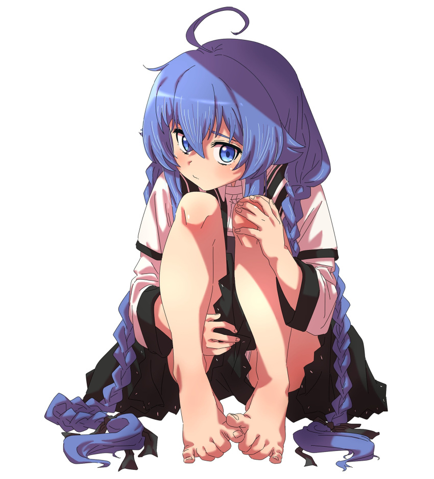 ahoge barefoot black_skirt blue_eyes blue_hair blush braid female full_body highres jacket long_hair looking_at_viewer mushoku_tensei panties panty_peek roxy_migurdia simple_background sitting skirt solo syasyajin toes twin_braids underwear very_long_hair white_background white_panties