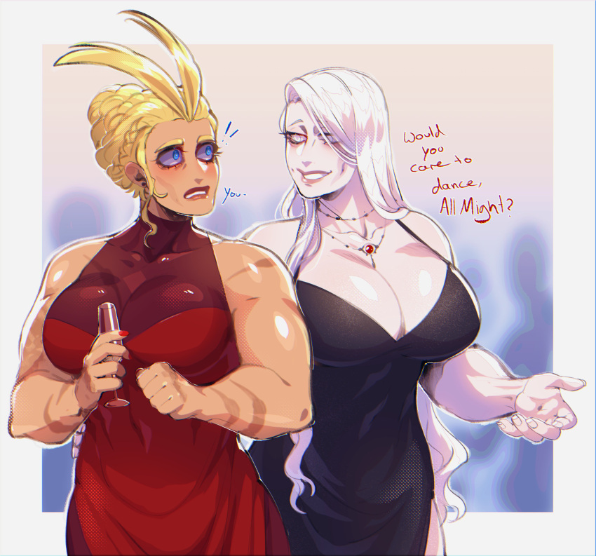 2girls all_for_one all_might blackberrehart blonde_female blonde_hair blonde_hair blonde_hair_female blue_eyes buff clothed clothed_female dress female_only genderswap_(mtf) long_hair multiple_females multiple_girls muscle muscles muscular muscular_female my_hero_academia rule_63 rule_63 rule_63 toshinori_yagi white_eyes white_hair