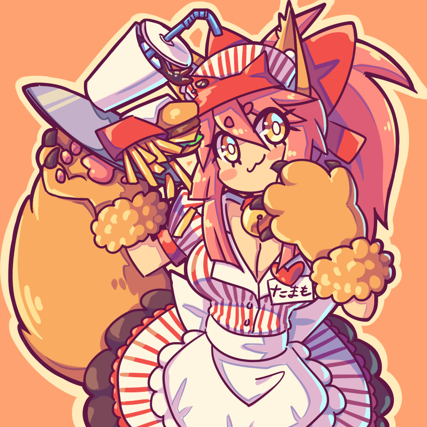 animal_ear_fluff animal_ears animal_hands apron bell bow breasts burger cleavage cup daigada disposable_cup dress fate/extra fate/grand_order fate_(series) female food fox_ears fox_girl fox_tail french_fries gloves hair_between_eyes hairbow hat highres jingle_bell large_breasts long_hair looking_at_viewer neck_bell paw_gloves pink_hair ponytail puffy_short_sleeves puffy_sleeves red_bow red_dress red_hat short_sleeves sidelocks smile soda solo striped_clothes striped_dress tail tamamo_(fate) tamamo_cat_(fate) tamamo_cat_(lostroom_outfit)_(fate) tray visor_cap waist_apron yellow_eyes